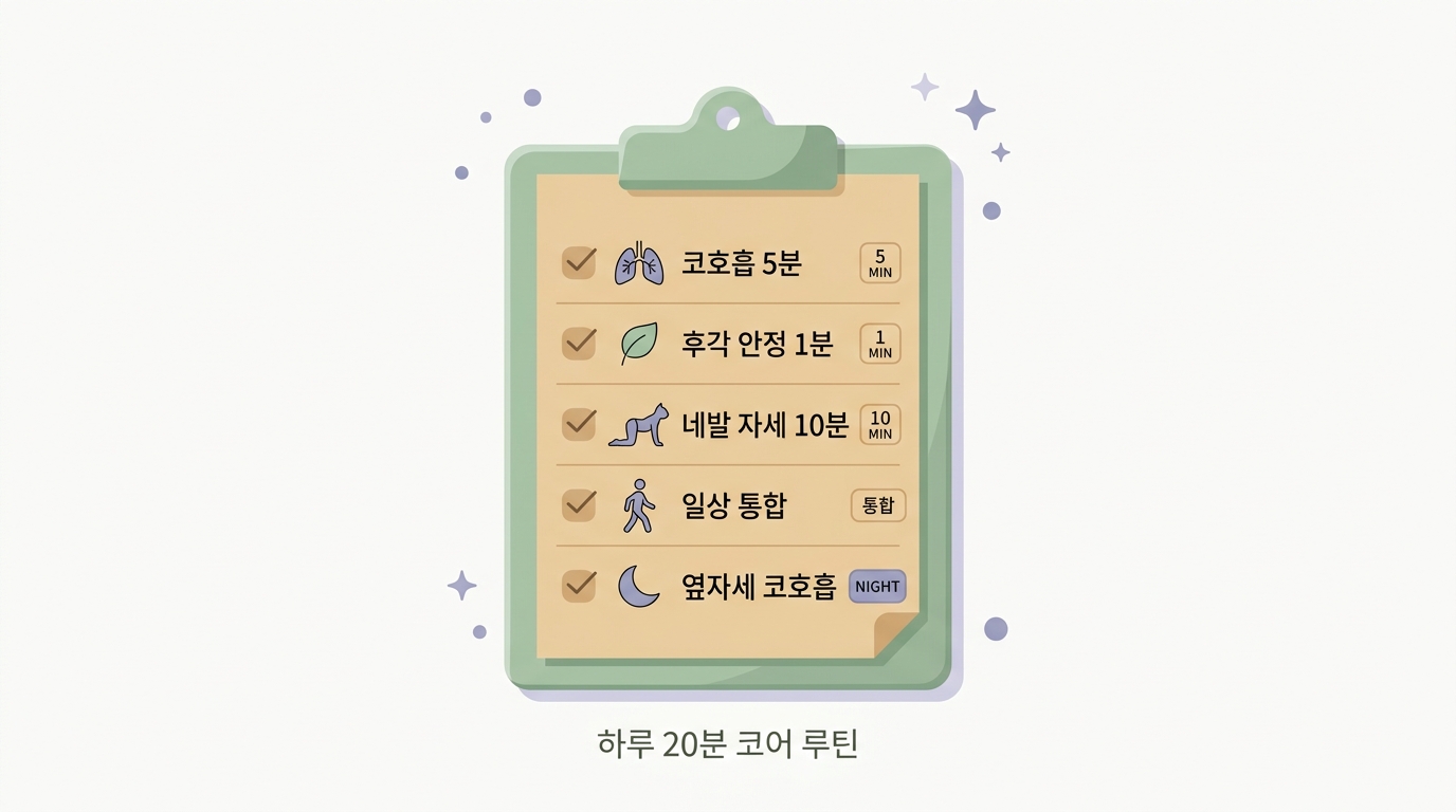 하루 20분 코어 루틴 항목이 그려진 클립보드 일러스트