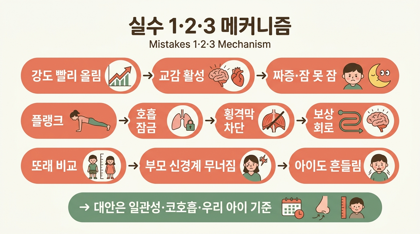 실수 1 강도 빨리 올리기 실수 2 플랭크 실수 3 또래 비교 메커니즘 플로우 다이어그램