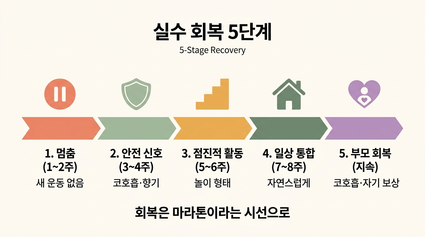 실수 이미 일어났을 때 회복 4단계 멈춤 안전 점진 통합 플로우 인포그래픽