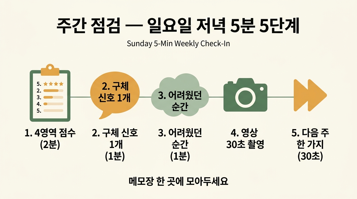 집에서 하는 주간 점검 5분 5단계 일요일 저녁 루틴 플로우 인포그래픽