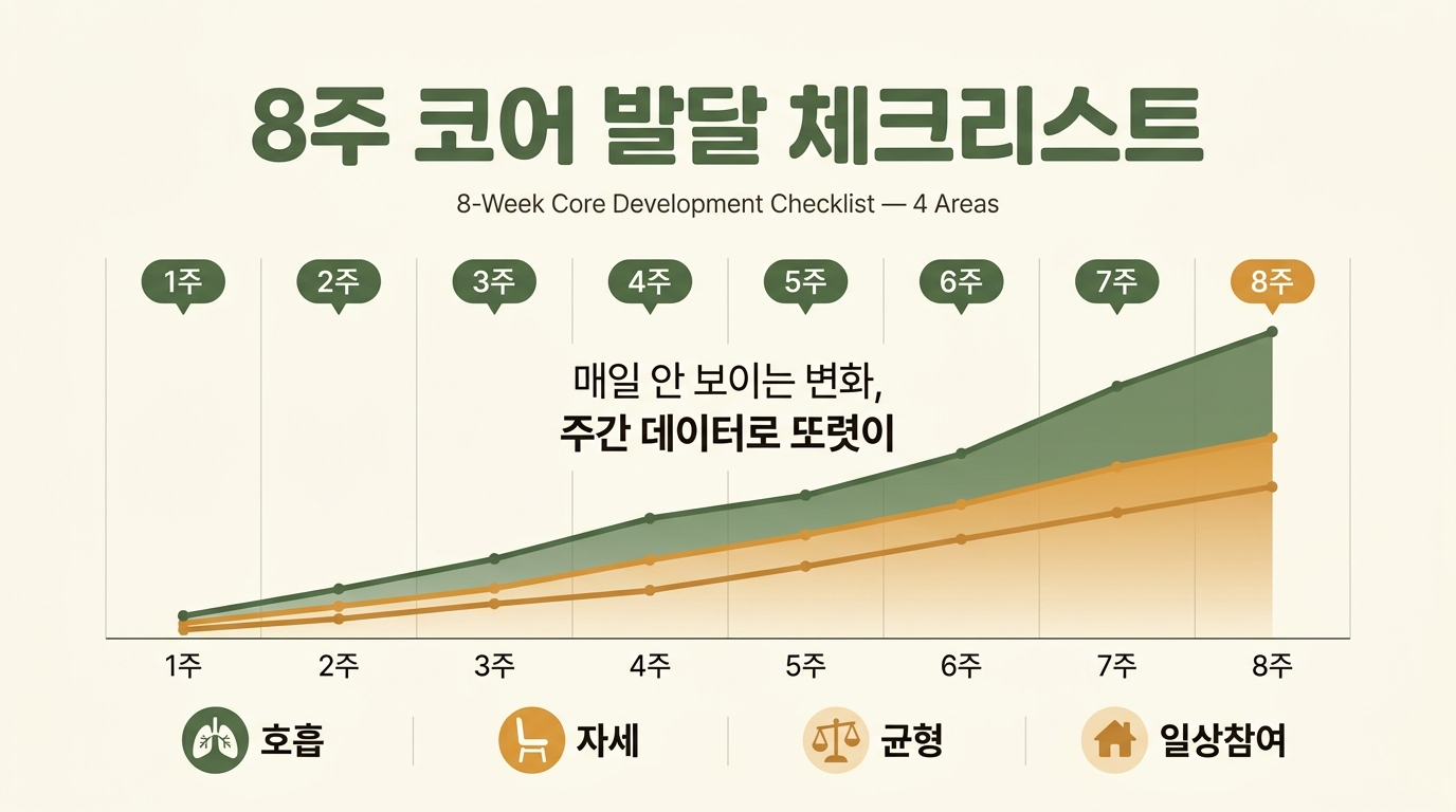 8주 코어 발달 체크리스트 — 주차별 변화 신호 4영역 가정 평가 가이드