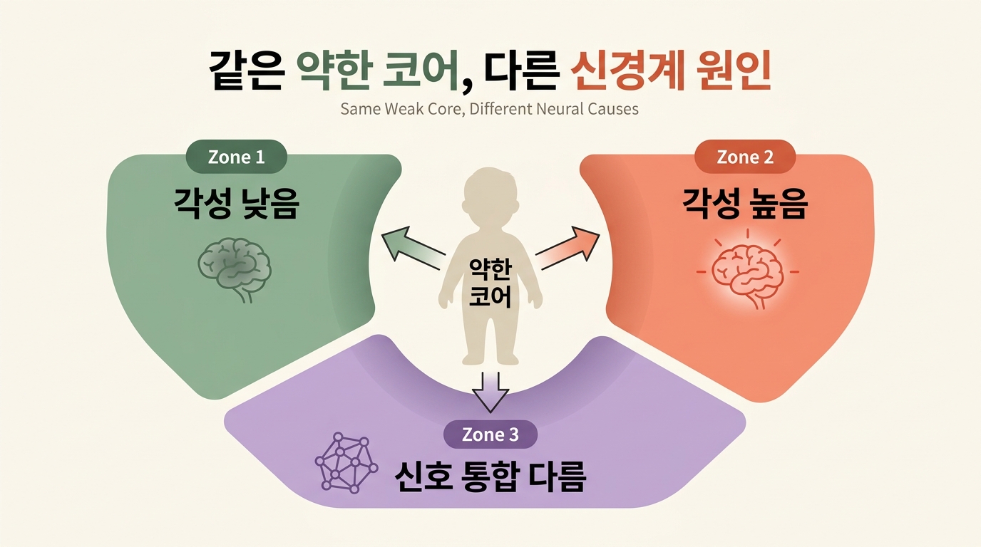 저긴장 과민 발달장애 3유형 약한 코어의 다른 신경계 원인 비교 다이어그램