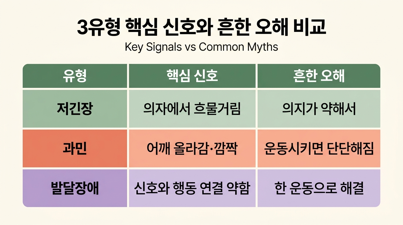 3유형 저긴장 과민 발달장애 핵심 신호와 흔한 오해 비교 인포그래픽