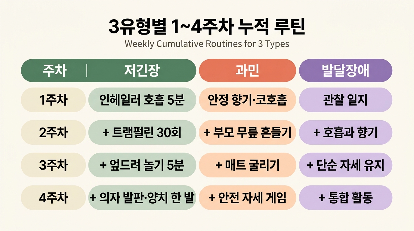 3유형 저긴장 과민 발달장애 1~4주차 권장 루틴 누적 단계 시각화 인포그래픽