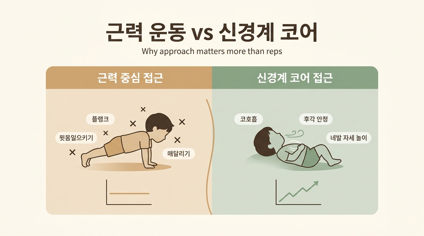 근력 중심 접근과 신경계 코어 접근의 결과를 비교한 인포그래픽