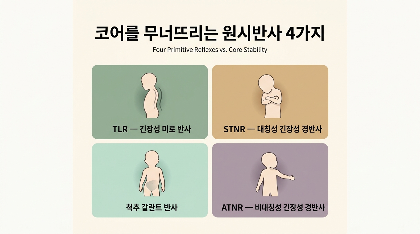 TLR-STNR-척추갈란트-ATNR 네 가지 원시반사가 코어에 미치는 영향을 보여주는 다이어그램