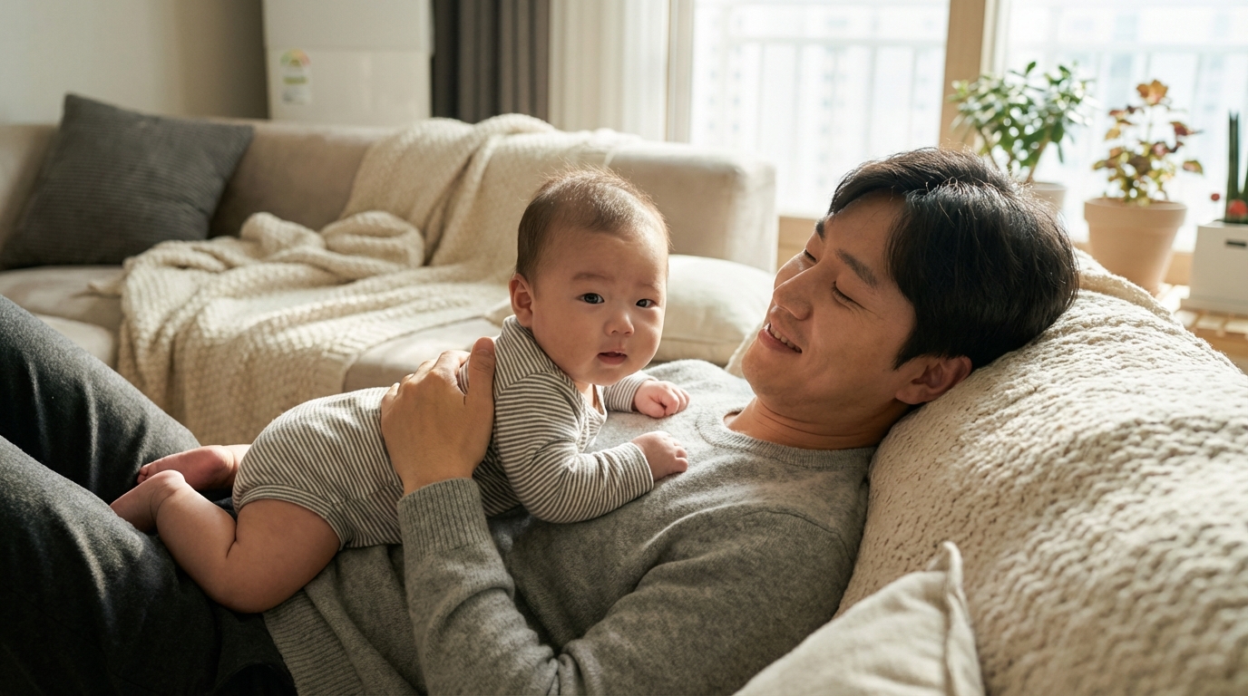 아빠 가슴 위에서 터미타임을 하는 아기