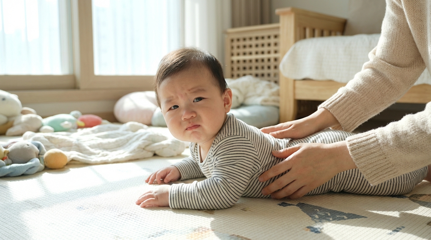 터미타임 중 불편해하는 아기와 엄마
