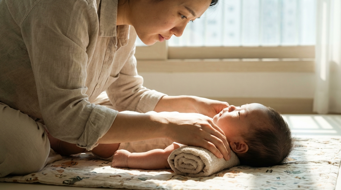 수건으로 아기 자세를 잡아주는 부모