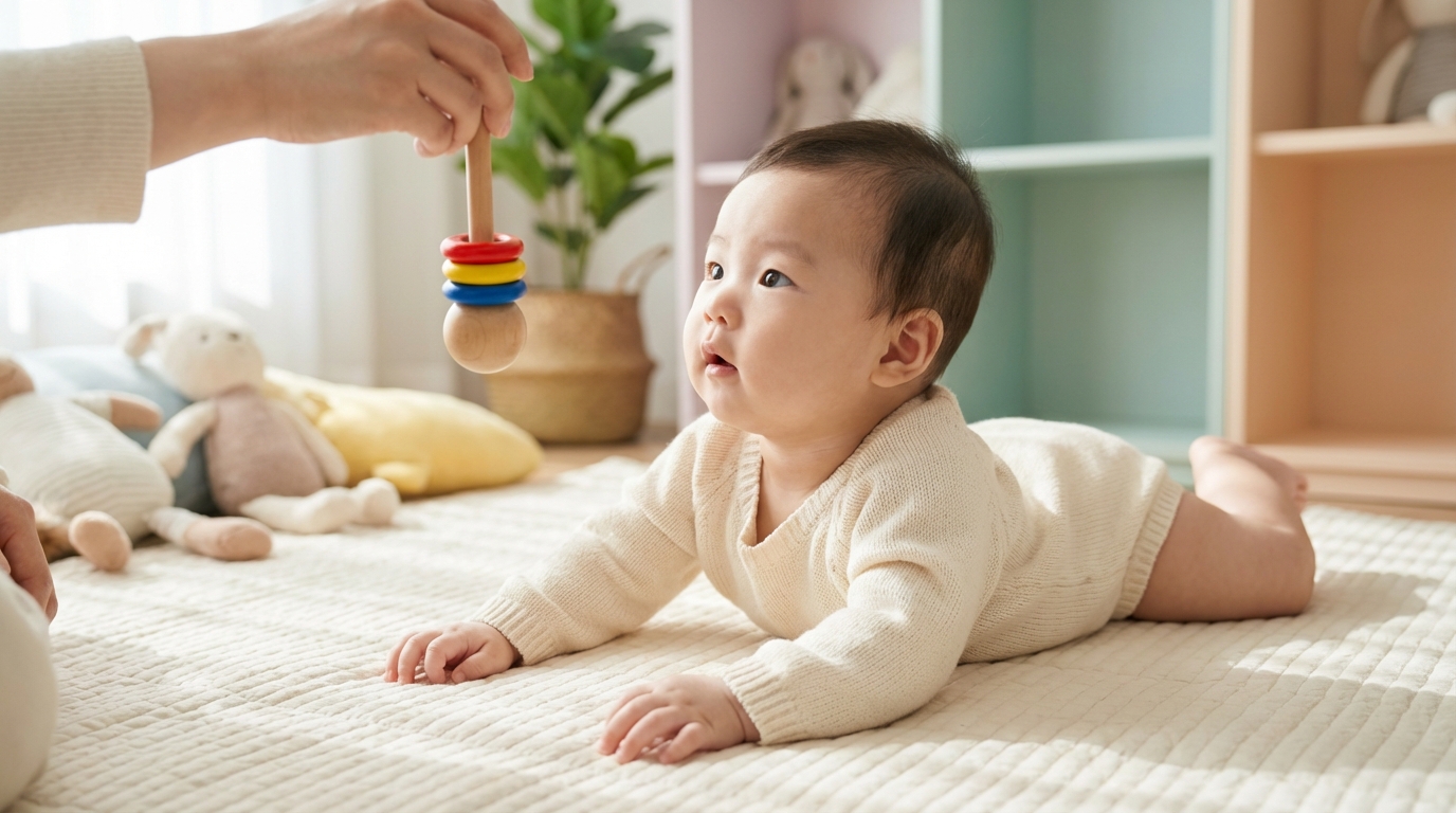 장난감에 관심을 보이는 아기