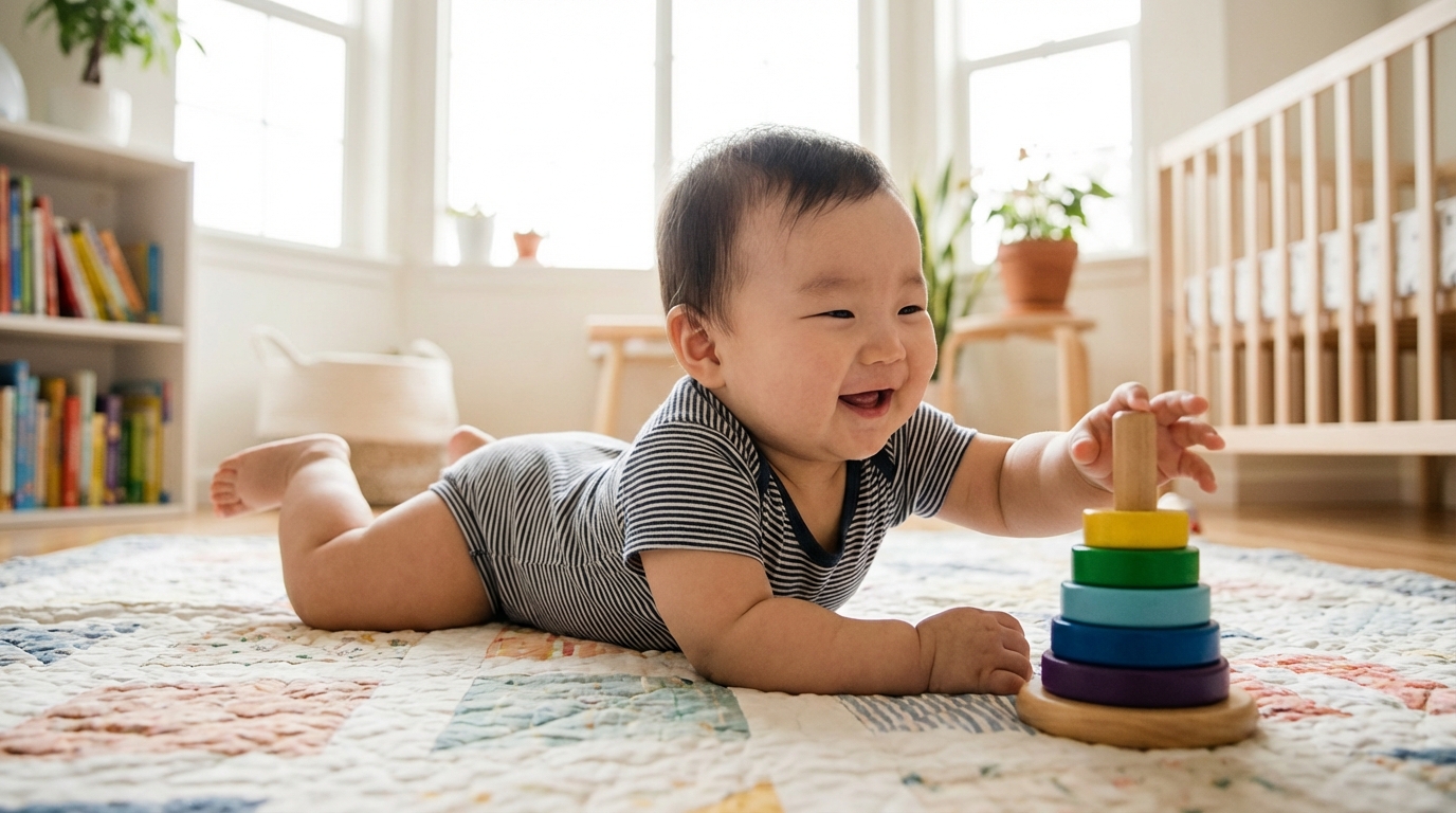 편안하게 터미타임을 즐기는 아기