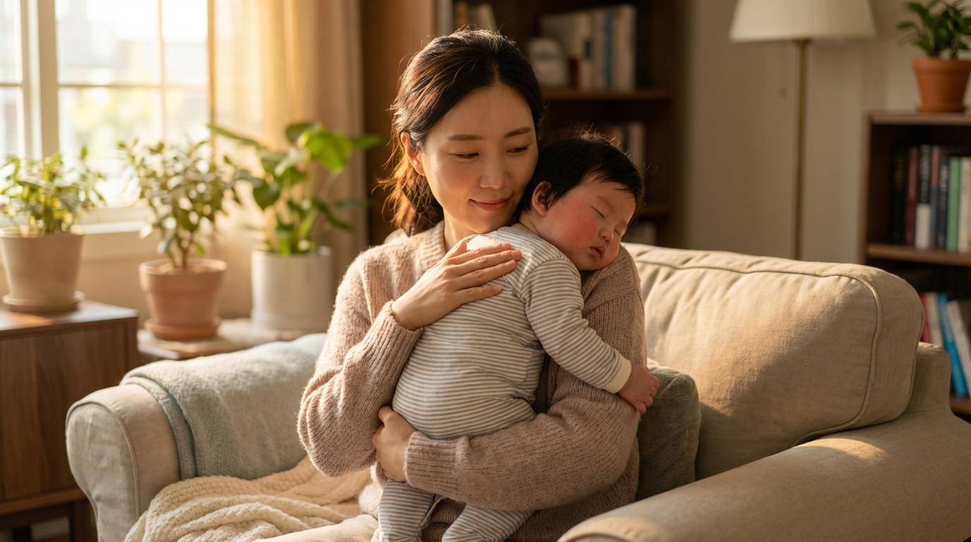 수유 후 아기를 안고 있는 엄마