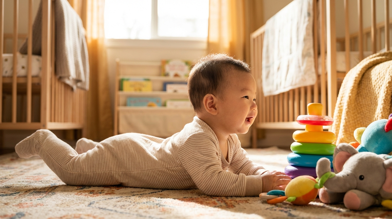 편안하게 터미타임을 하는 아기