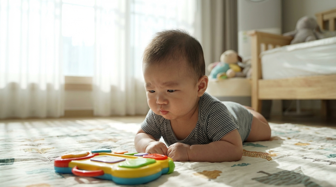 터미타임에서 노력하는 아기의 표정