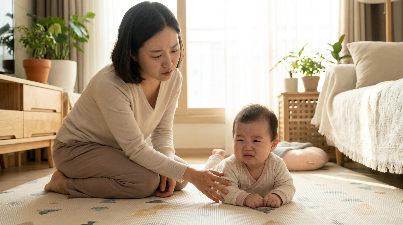터미타임 중 아기를 관찰하는 엄마