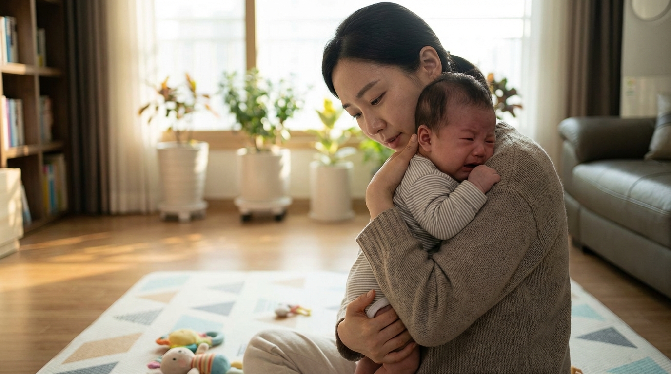 울음 후 아기를 안아주는 엄마
