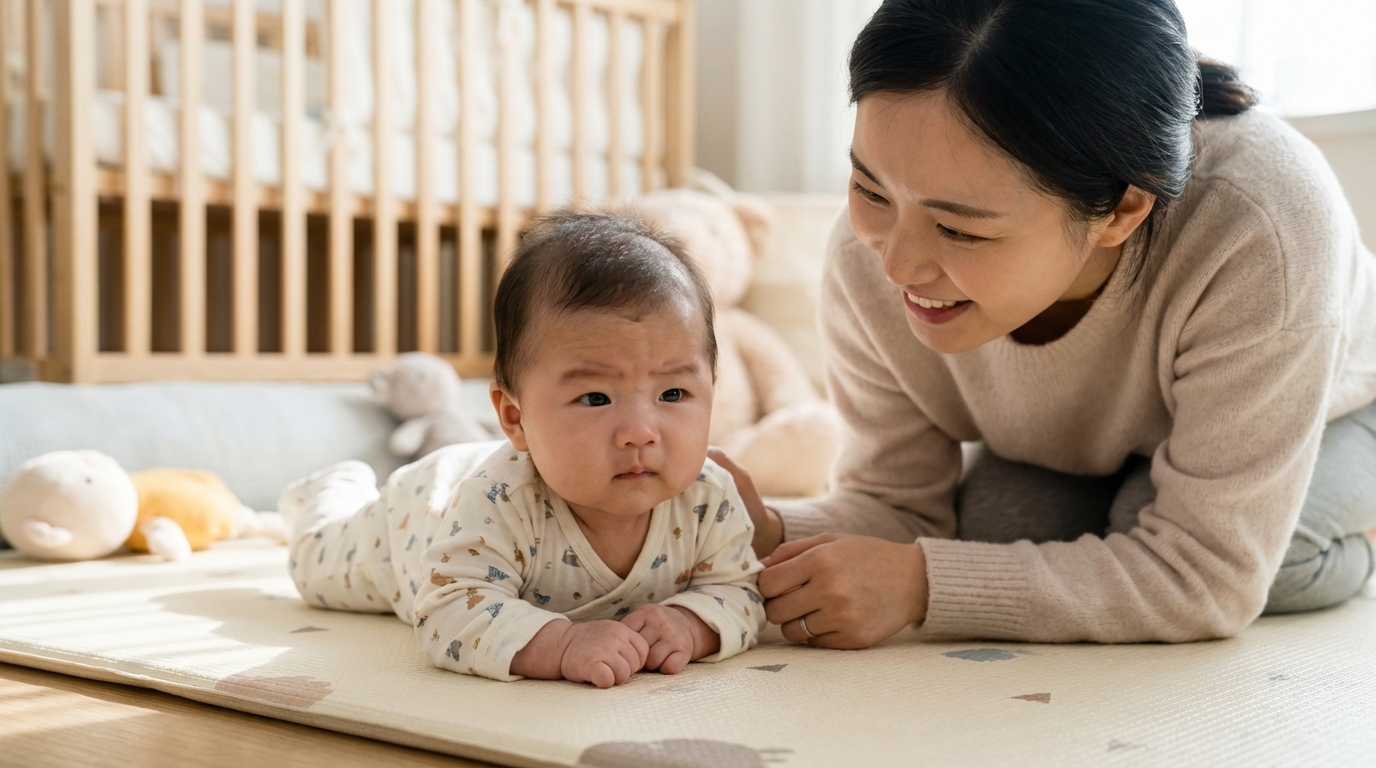 3개월 아기가 고개를 들며 터미타임을 하는 모습