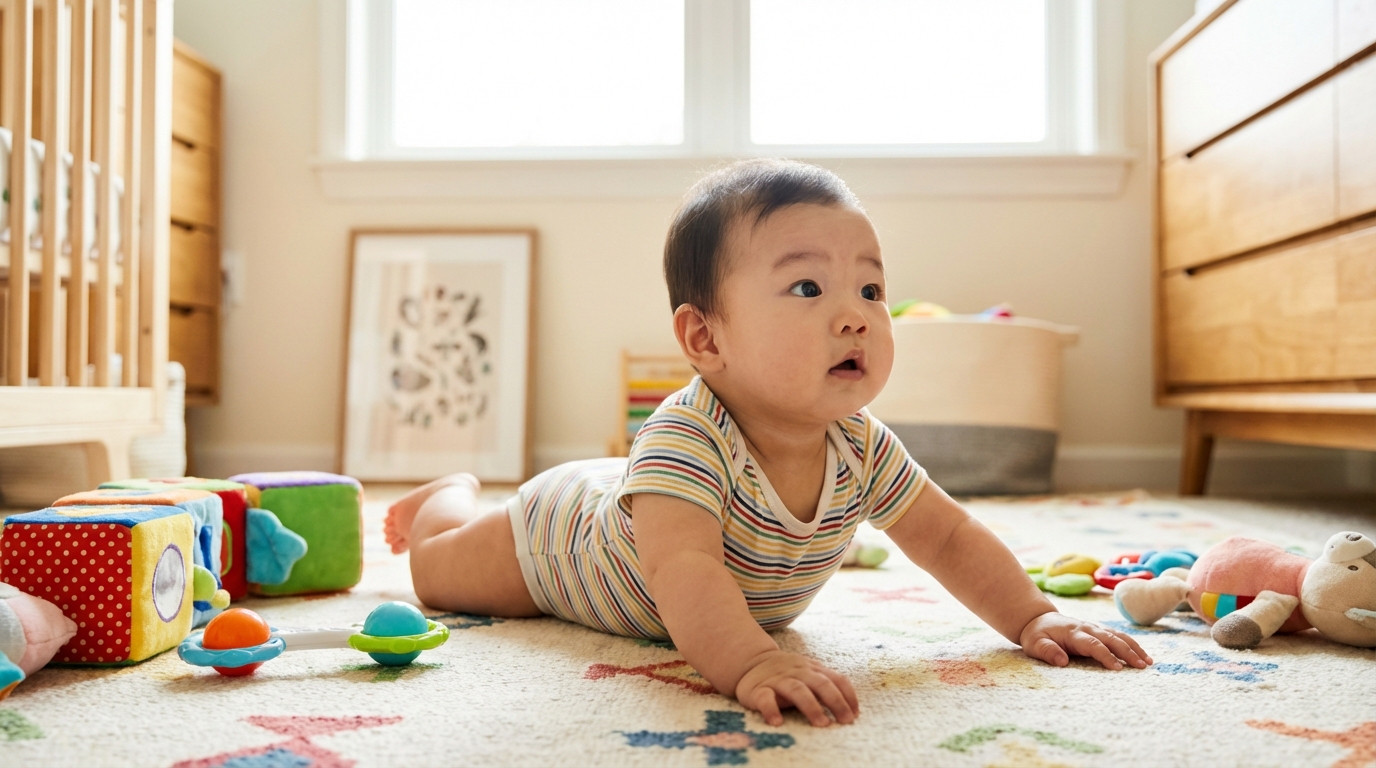팔을 쭉 펴고 탐색하는 6개월 아기