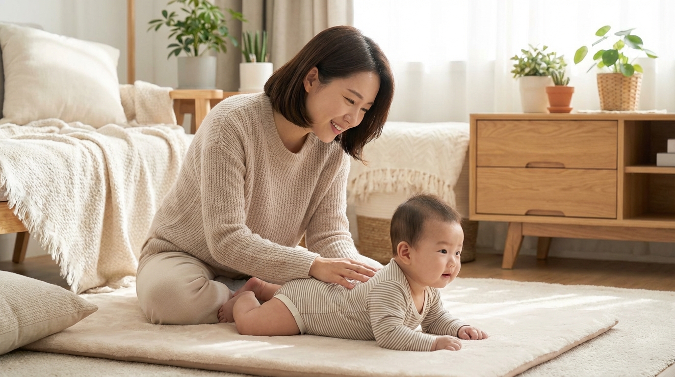 아기의 등을 쓸어주며 격려하는 엄마