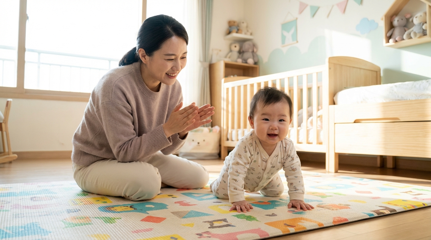 터미타임을 하는 아기와 격려하는 엄마