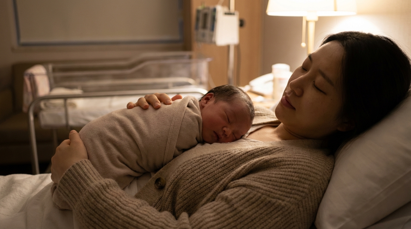 엄마 가슴 위에서 터미타임을 하는 신생아