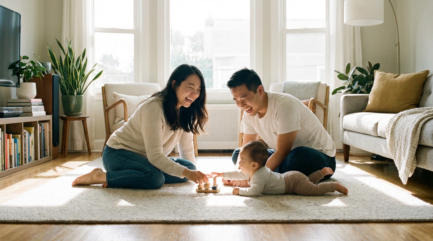 함께 바닥에서 놀아주는 부모와 아기