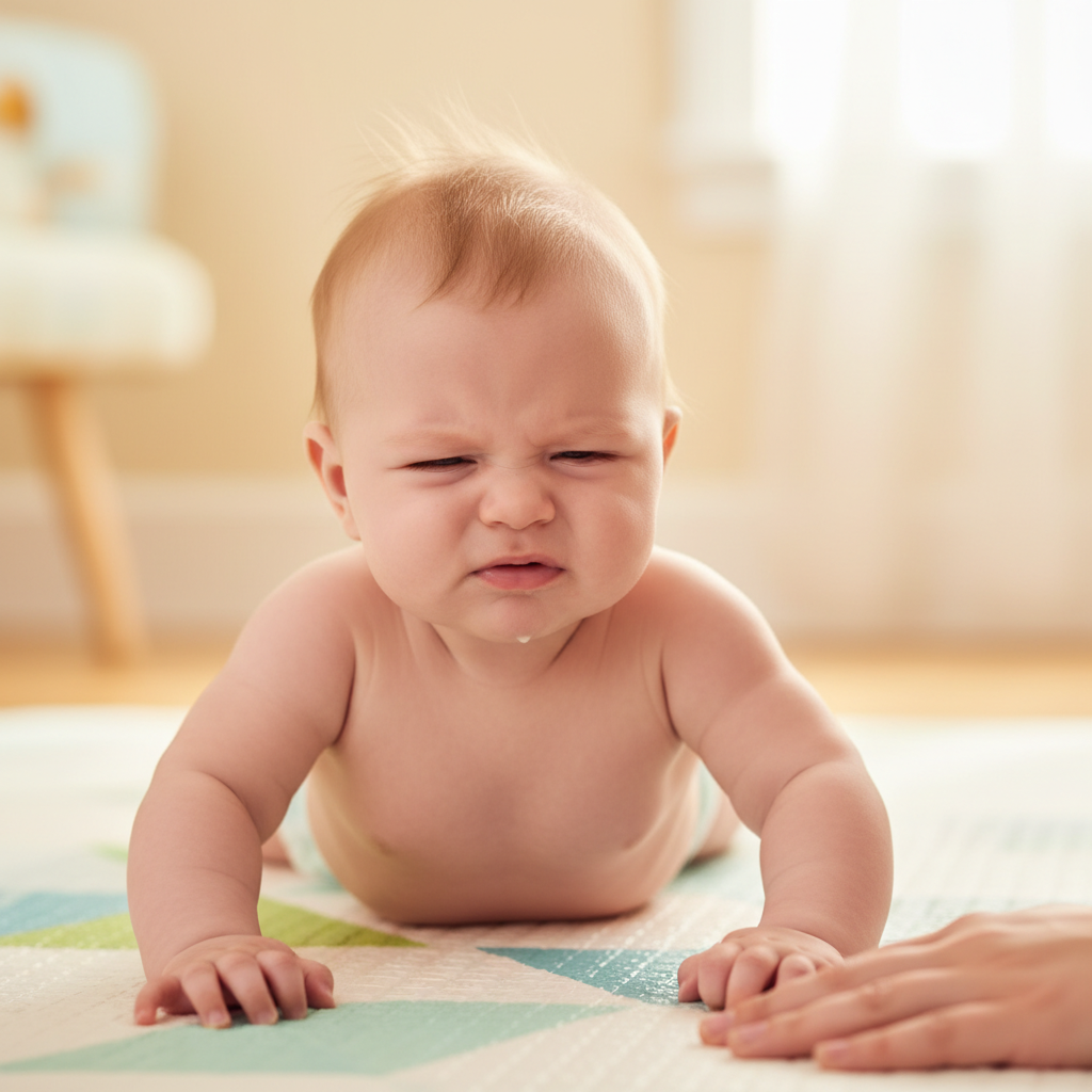 터미타임 중 불편해하는 아기