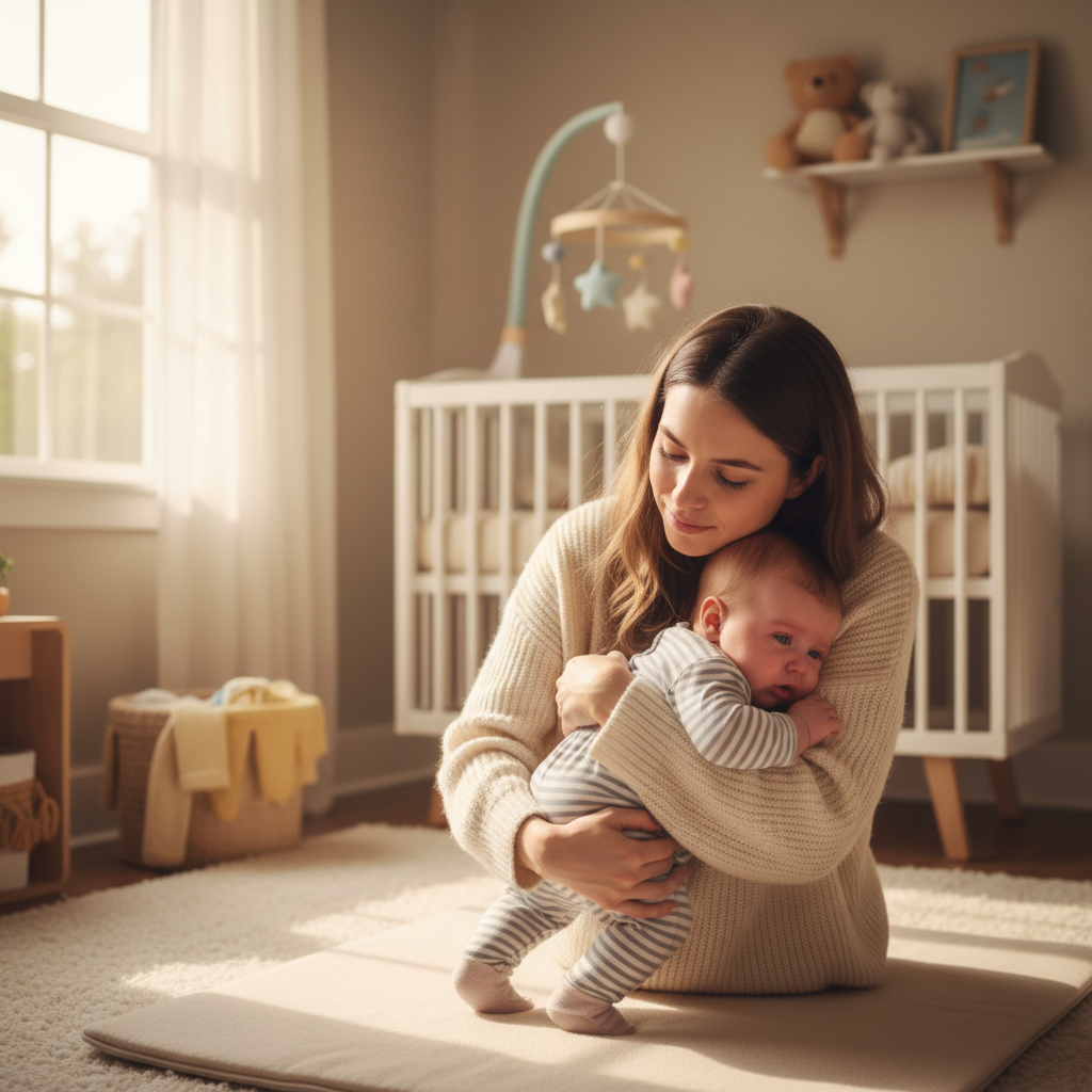 터미타임 후 아기를 안아주는 엄마