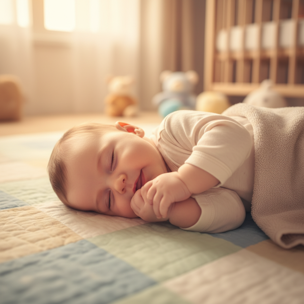 수건 지지와 함께 편안한 사이드라이잉 자세의 아기