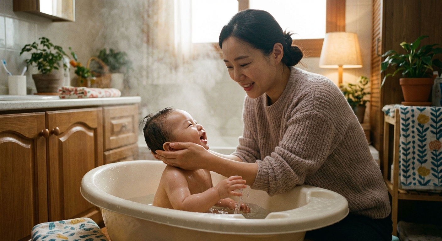 아기 목욕시키는 엄마
