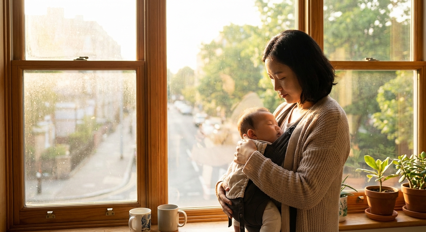 아침 햇살 속 아기를 안은 엄마
