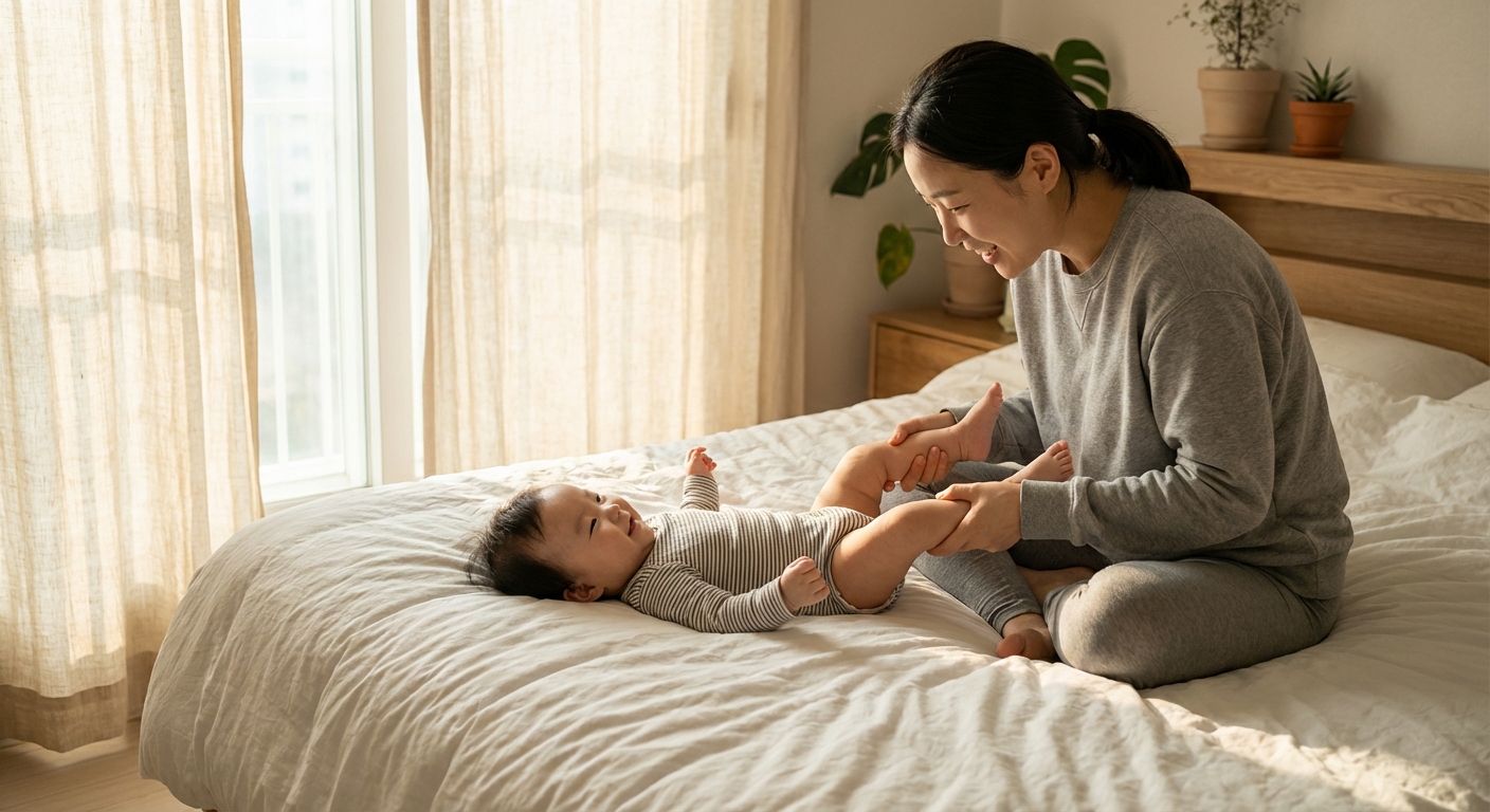 아침에 아기와 스트레칭하는 엄마