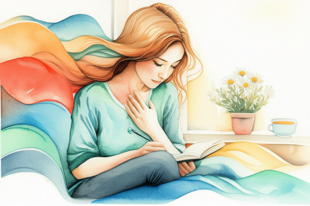 감정 관리를 위해 일기를 쓰는 엄마의 수채화 일러스트