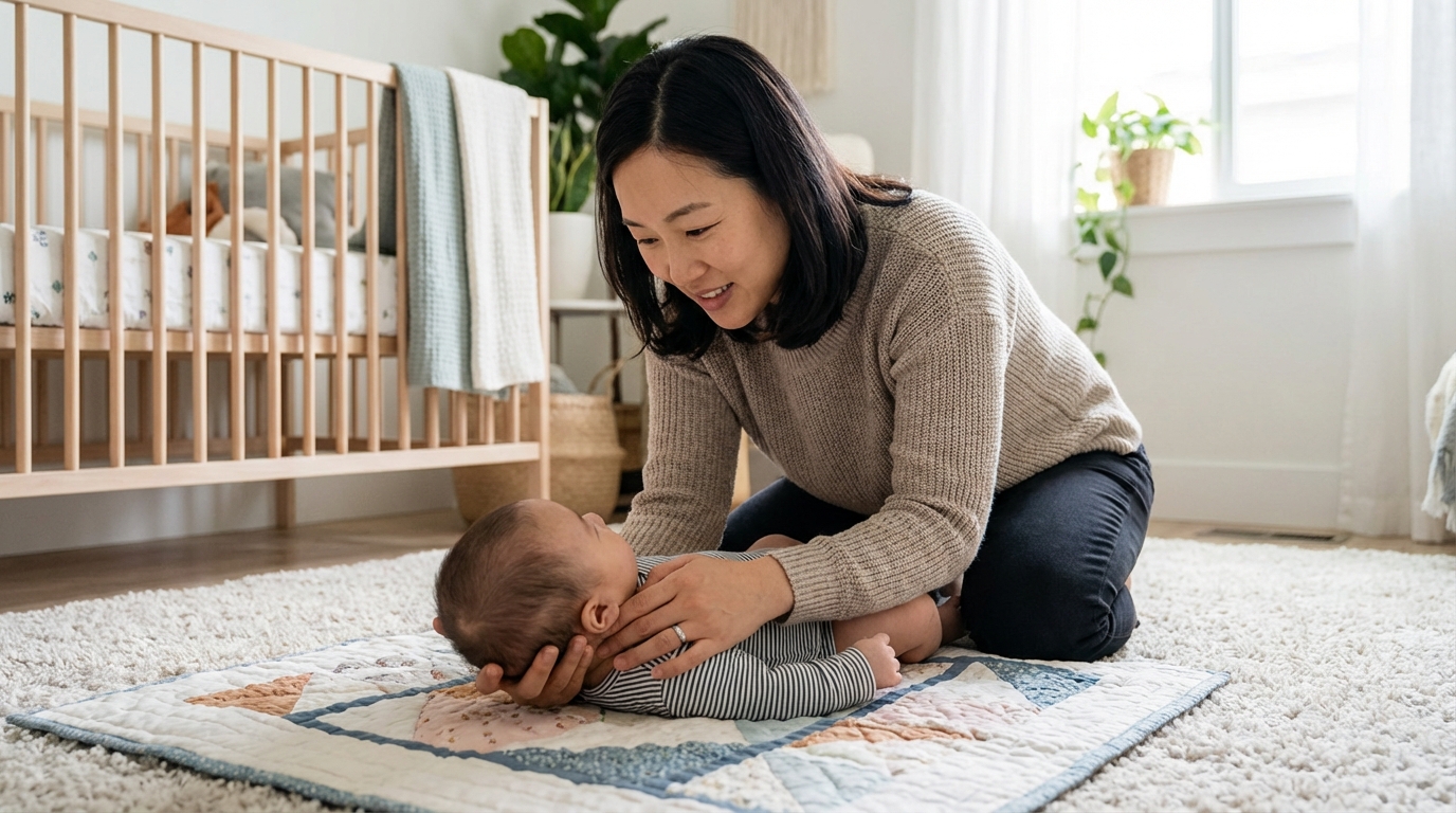 조심스럽게 아기를 지지하는 부모