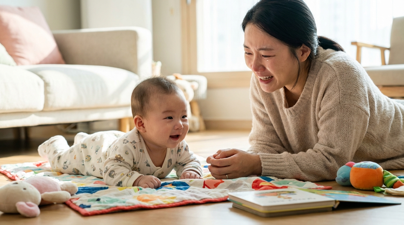 성장하여 터미타임을 잘하는 아기와 엄마