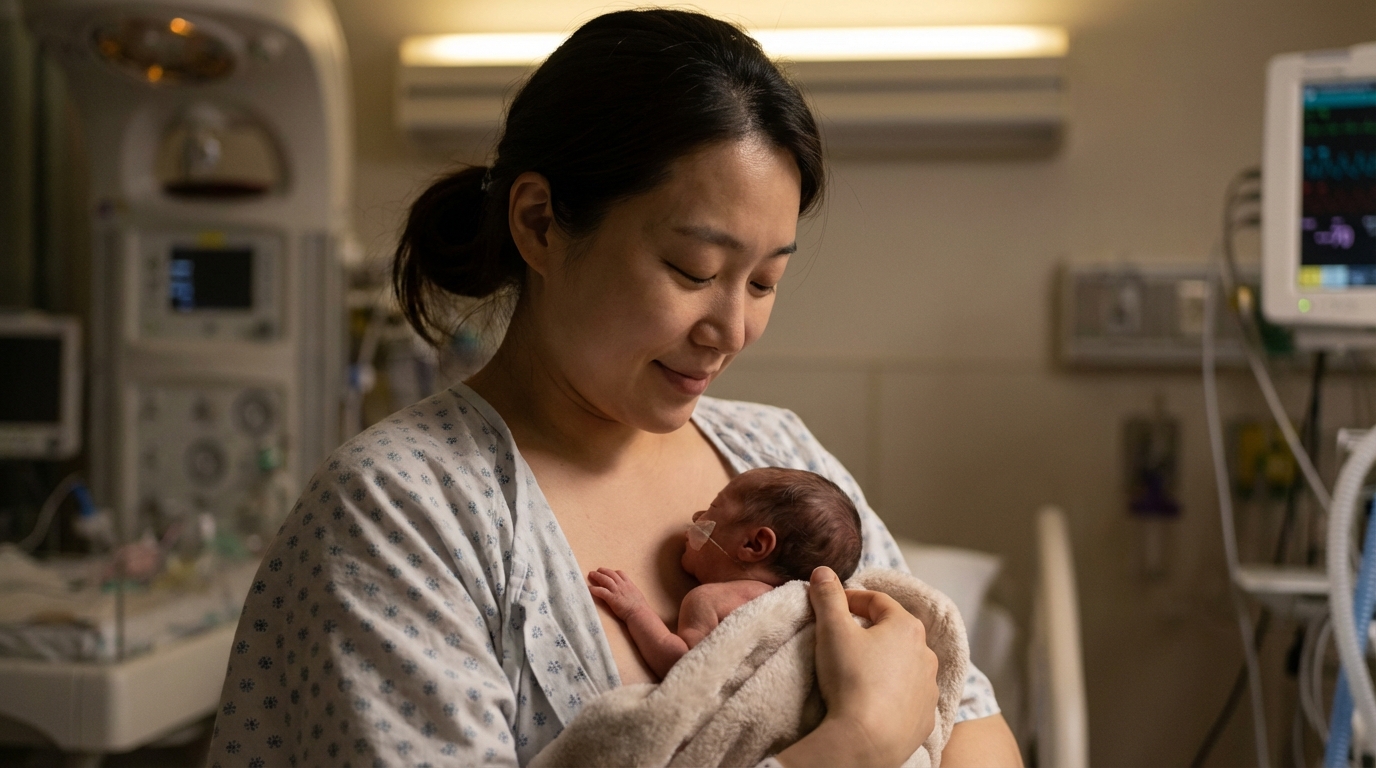 캥거루 케어를 하는 엄마와 이른둥이