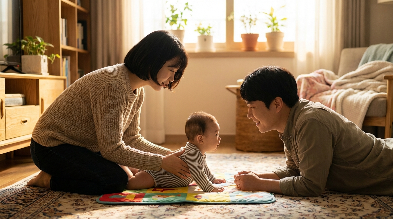 함께 아기를 지지하는 부모