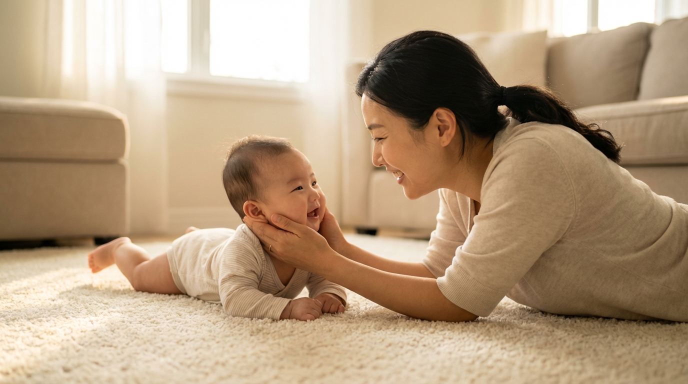 터미타임 중 눈을 맞추는 엄마와 아기