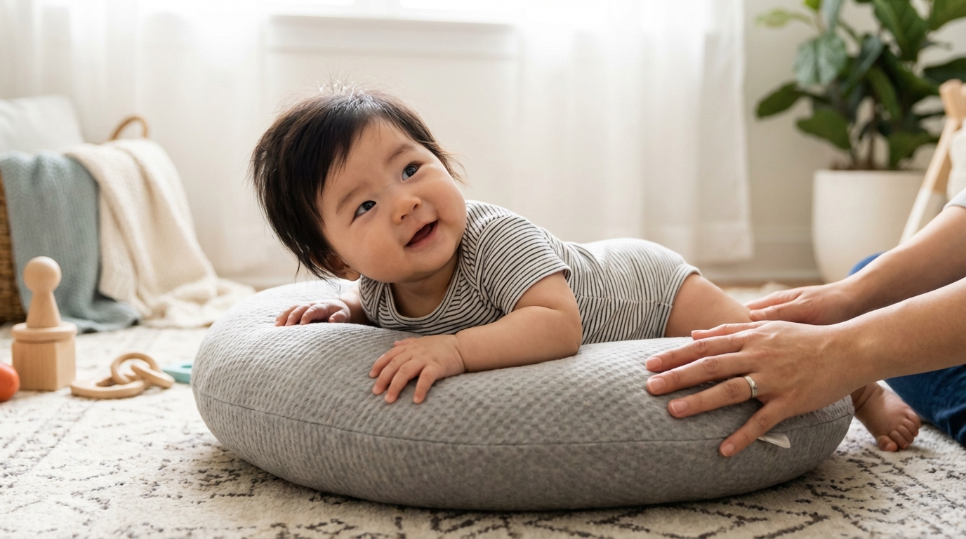 부모의 도움으로 균형을 잡는 아기