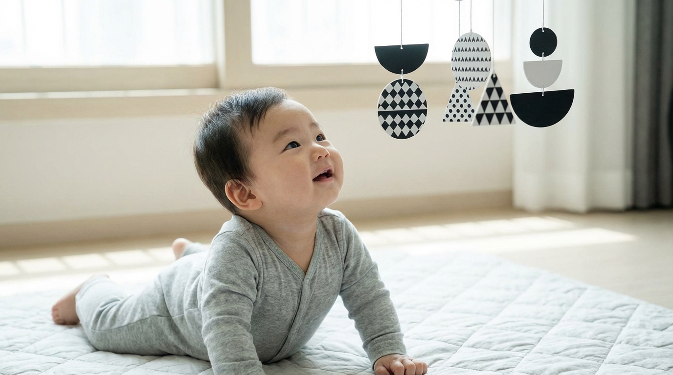 모빌을 바라보는 아기