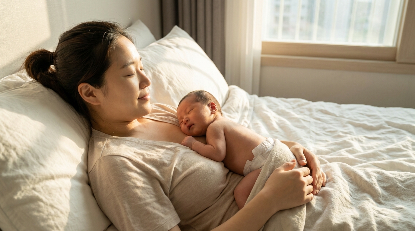 엄마 품에서 안정된 아기