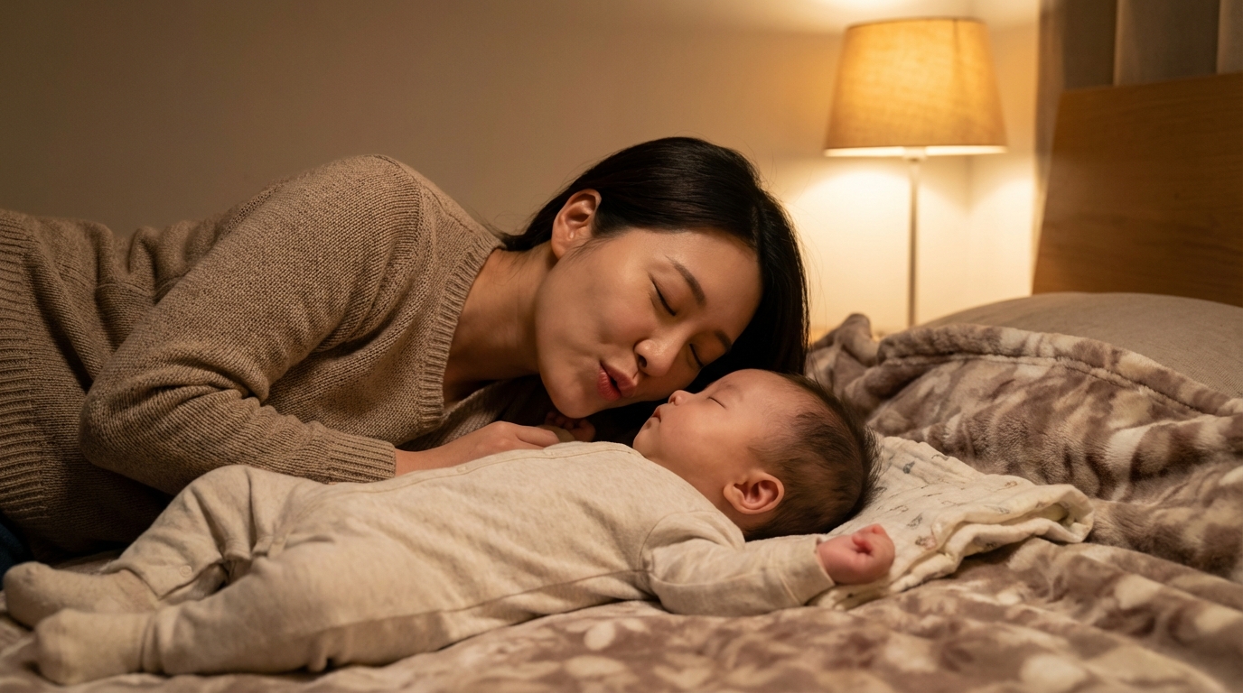 아기 옆에서 허밍하는 엄마