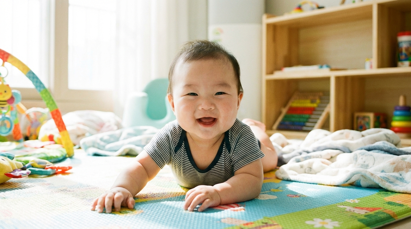 밝게 웃으며 터미타임을 하는 아기