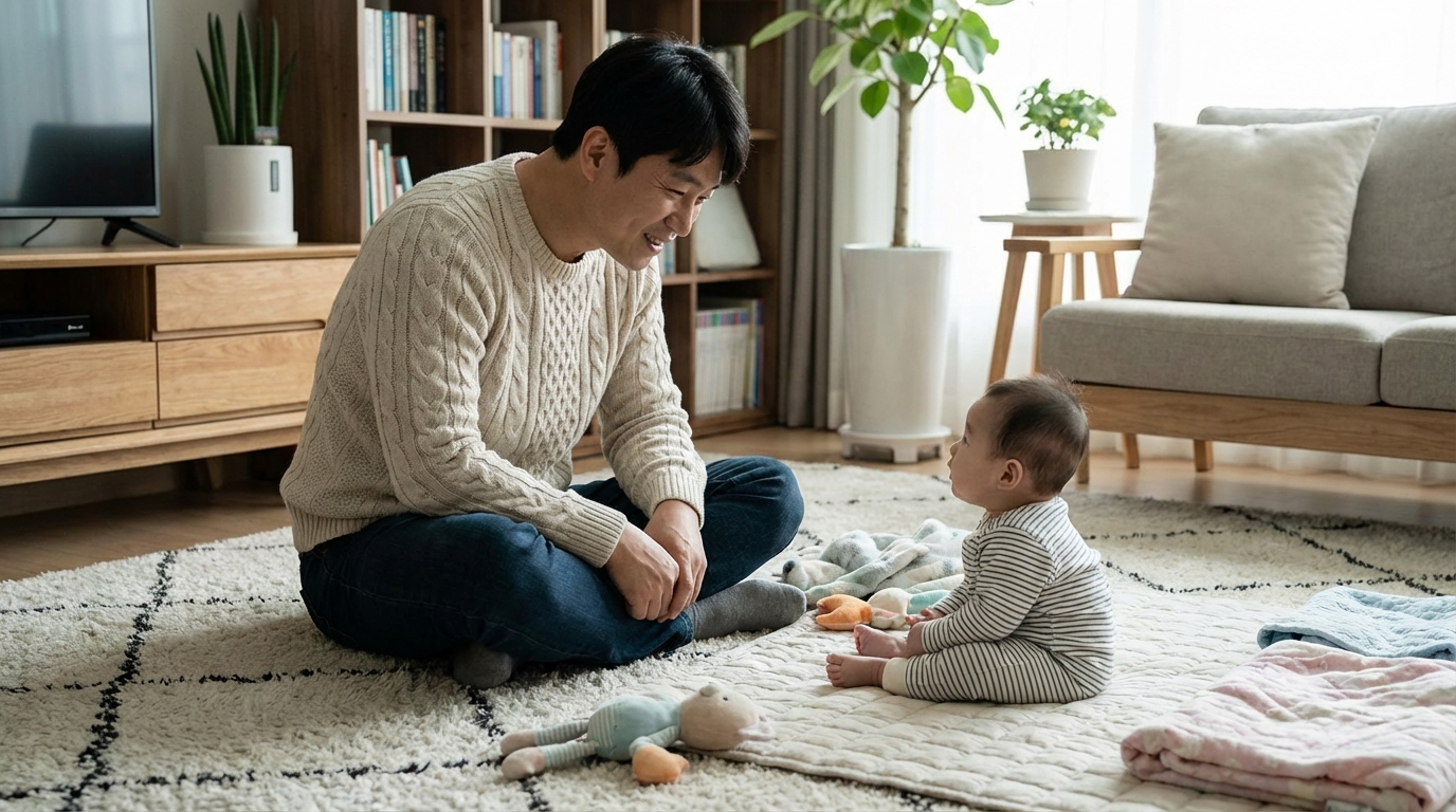 안전한 환경에서 터미타임을 하는 아기와 아빠