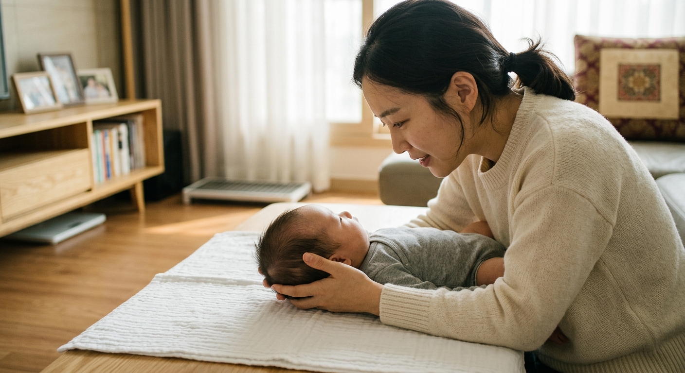 아기의 두상을 살피는 한국인 엄마