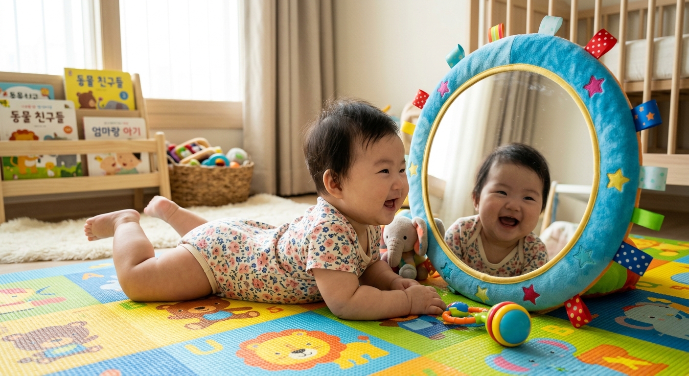 거울을 보며 즐겁게 터미타임을 하는 아기