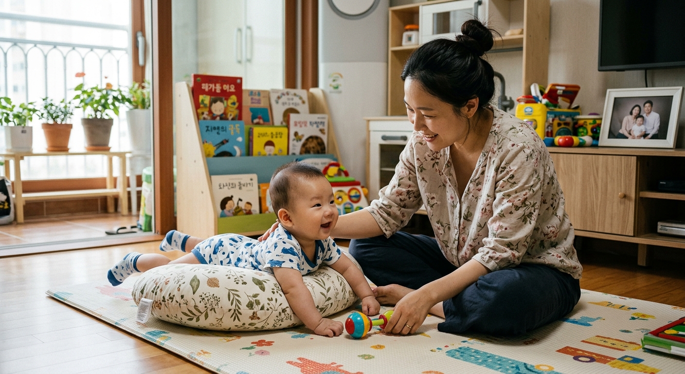 쿠션 위에서 터미타임을 하는 아기