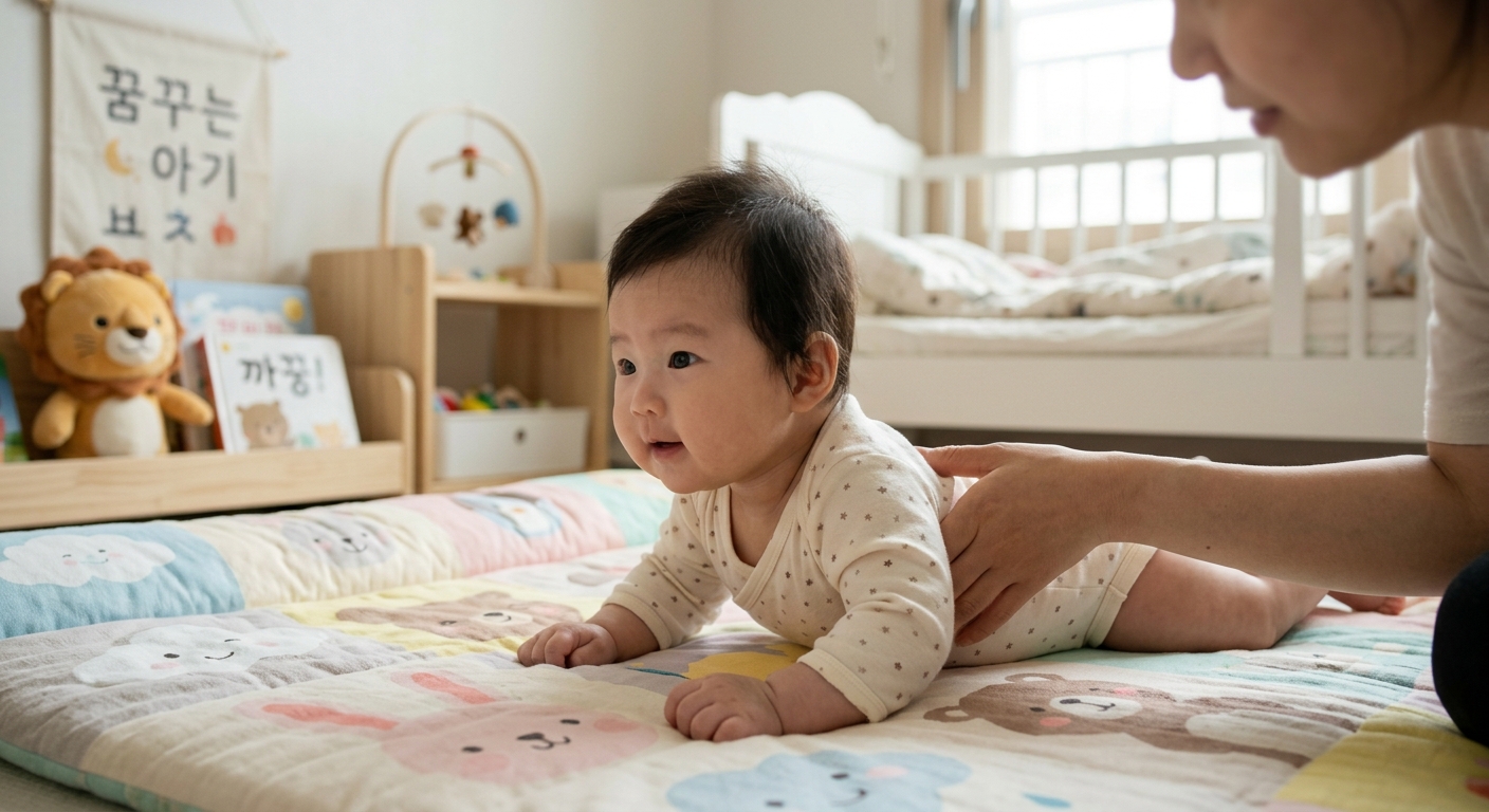 바닥에서 고개를 들기 시작하는 2개월 아기