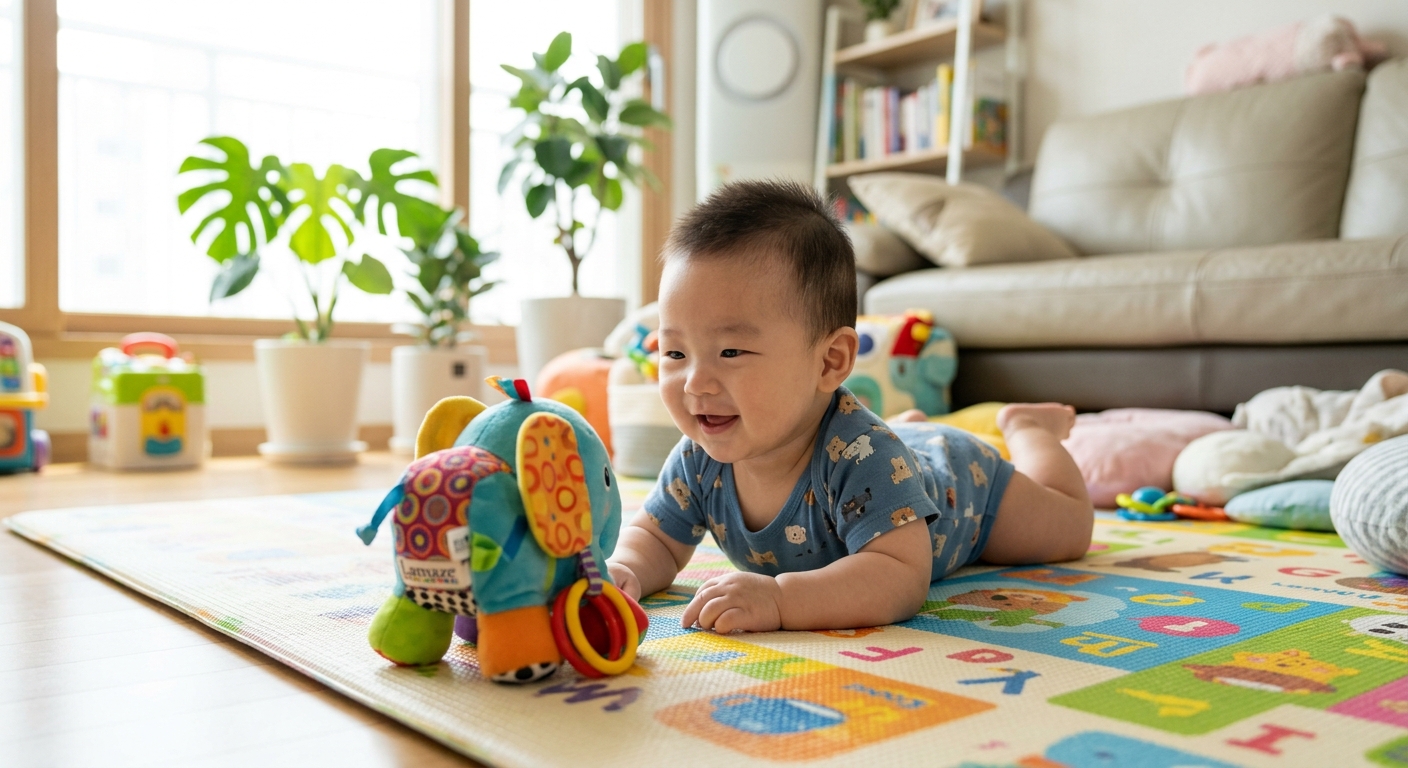 팔꿈치로 상체를 지탱하는 4개월 아기