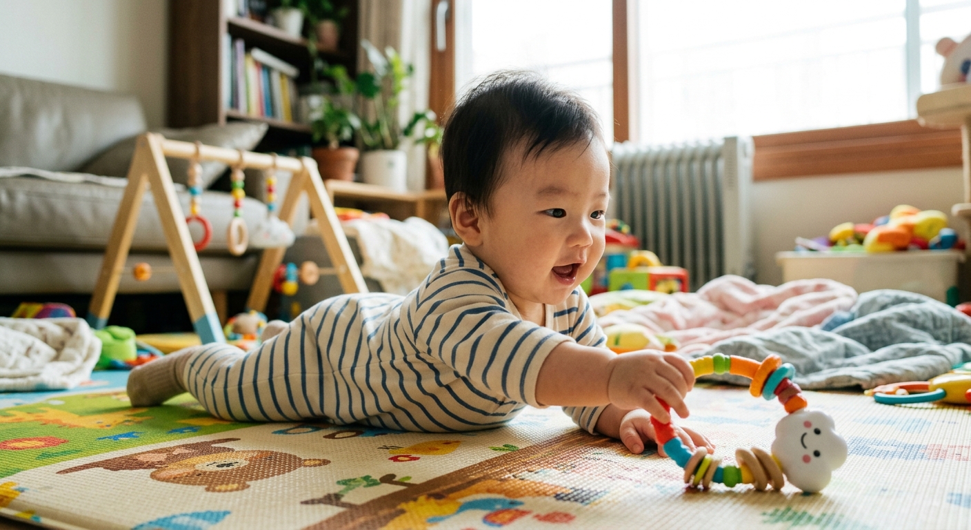 한 손으로 장난감을 잡으며 터미타임을 하는 6개월 아기